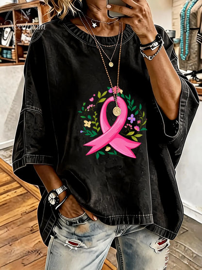 Women's Breast Cancer Awareness Ribbon Distressed Washed Oversized T-Shirt
