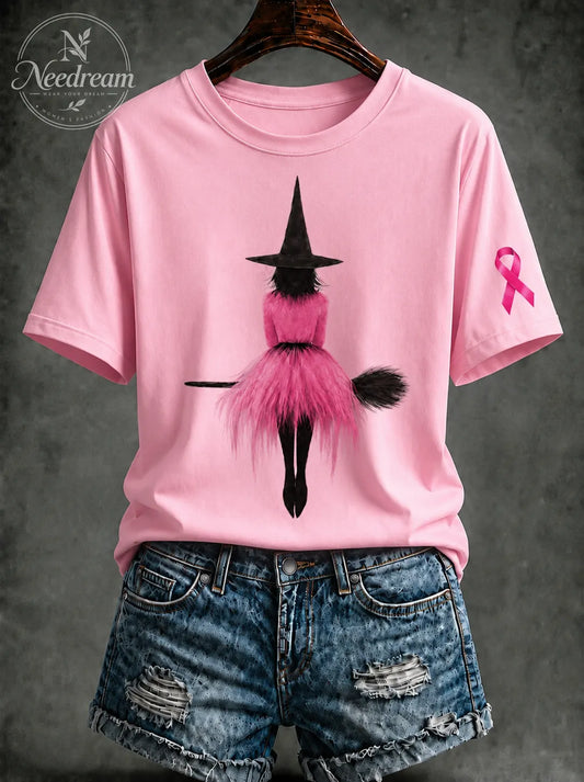 Women's Pink Witch Hat Printed Casual T-Shirt