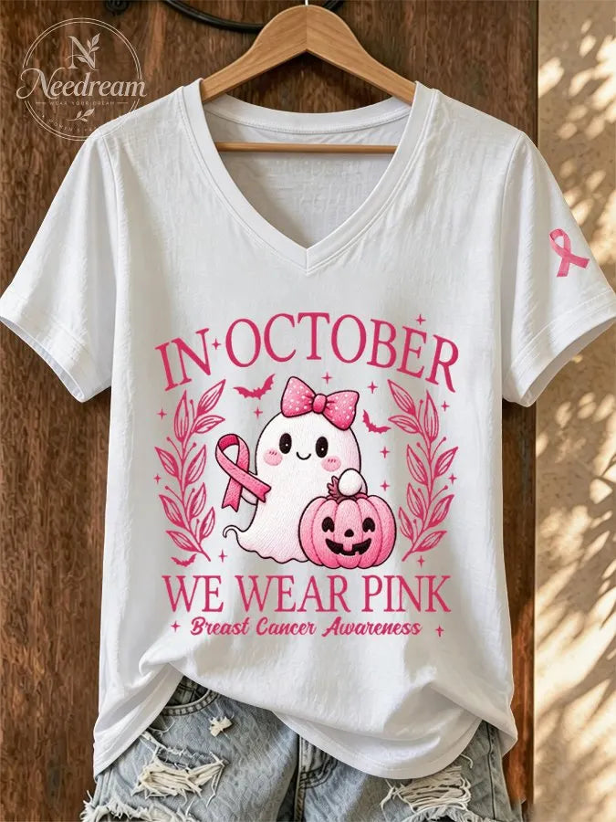 Women'S In October We Wear Pink Print T-Shirt