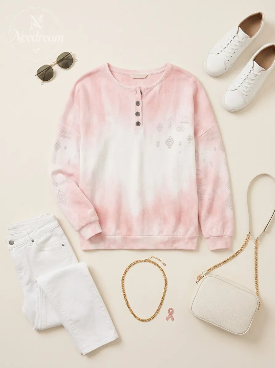 Women's Breast Cancer Awareness Pink Tie-Dye Geometric Printed Henley Sweatshirt