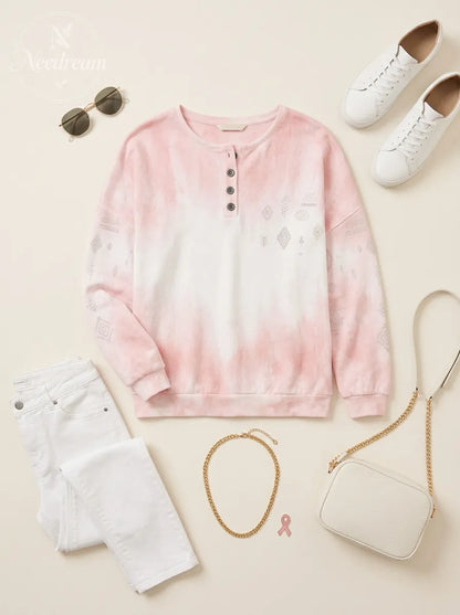Women's Breast Cancer Awareness Pink Tie-Dye Geometric Printed Henley Sweatshirt