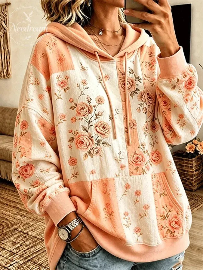 Women's Vintage Rose Floral Patchwork Drawstring Pocket Hoodie