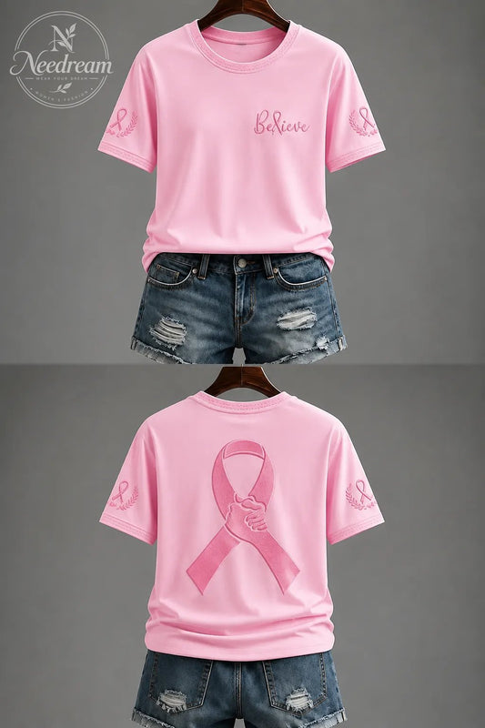 Women'S Pink Ribbon Believe Pattern Round Neck T-Shirt