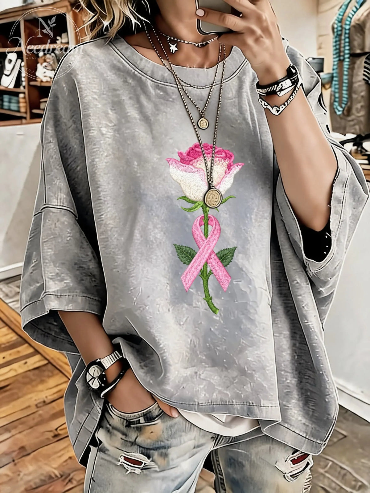 Women's Breast Cancer Awareness Flowers Distressed Washed Oversized T-Shirt