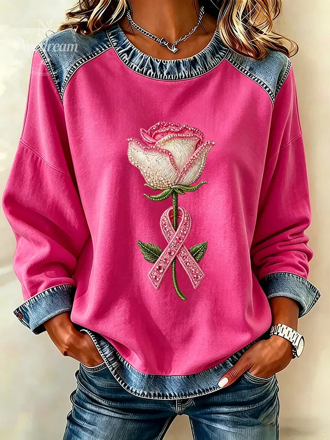 Women's breast cancer propaganda flower round neck long sleeve sweatshirt