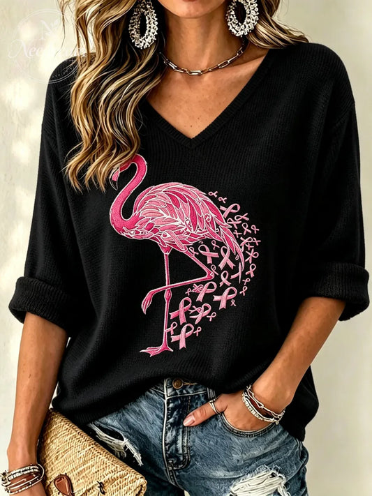 Women's Pink Flamingo Print Waffle V-Neck Top