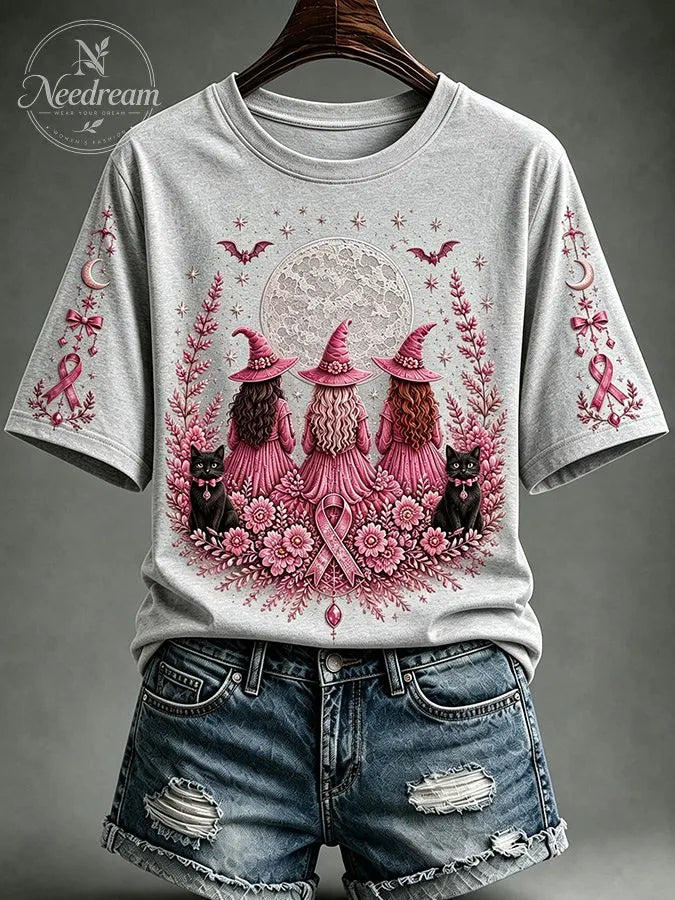 Women's Breast Cancer Awareness Black Cat Pink Ribbon Short-Sleeve T-Shirt