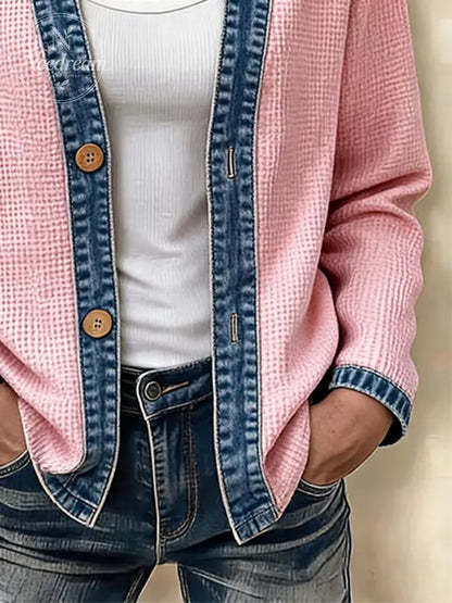 Women's Casual Printed Waffle-Knit Panel Cardigan