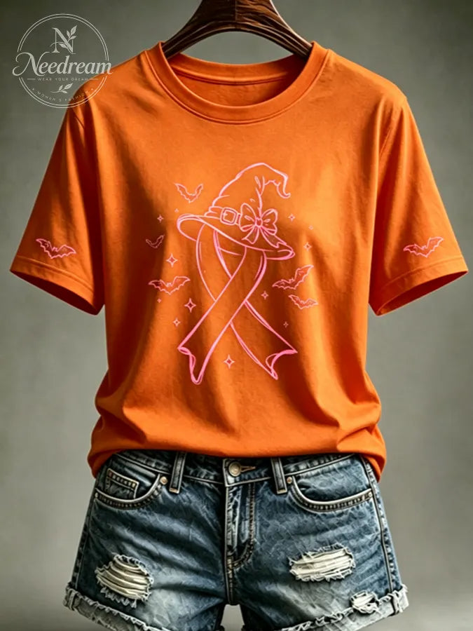 Women's Pink Witch Hat Printed Casual T-Shirt