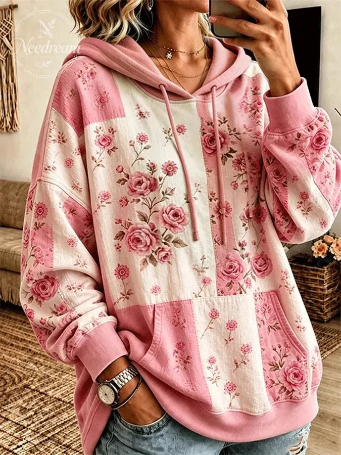 Women's Vintage Rose Floral Patchwork Drawstring Pocket Hoodie
