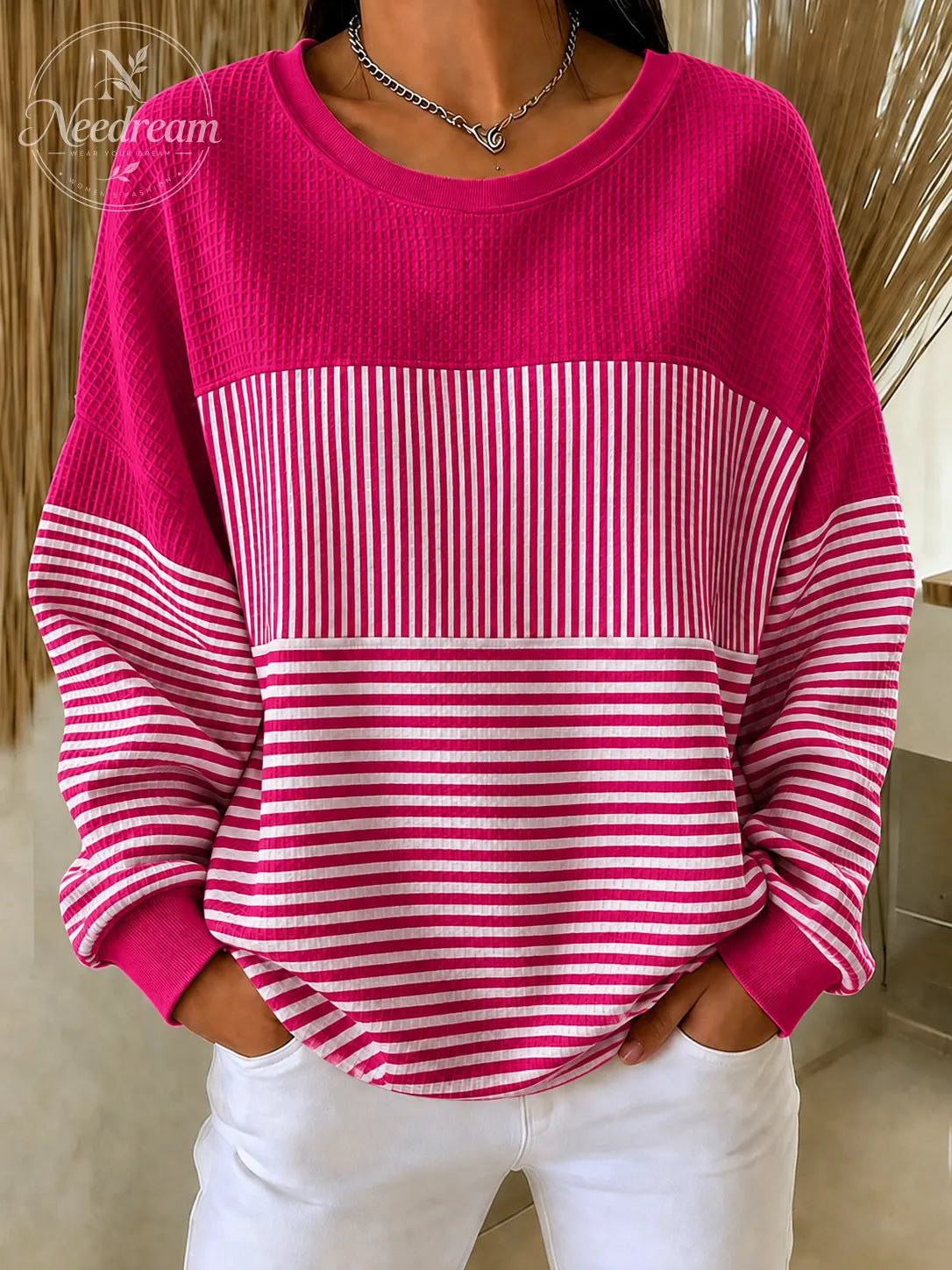 Women'S  Pink Art Patchwork Waffle Sweatshirt