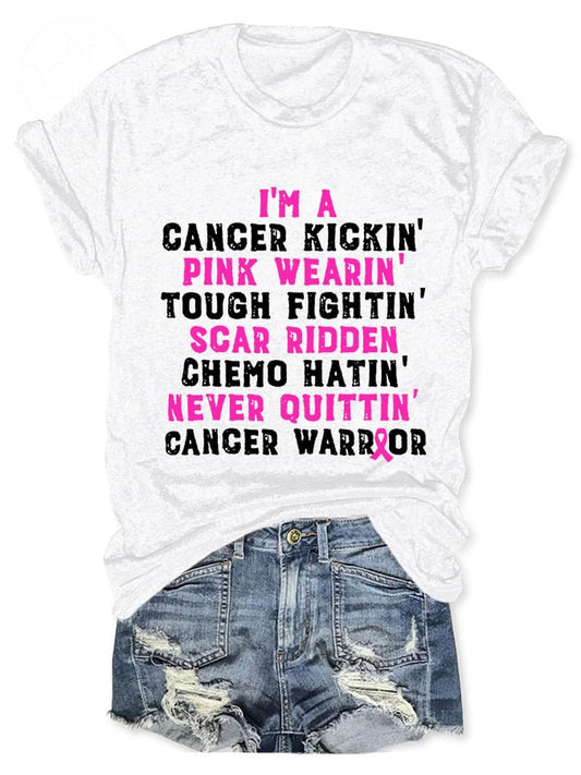 Breast Cancer Awareness Cancer Kickin' Chemo Hatin' Warrior Print T-Shirt