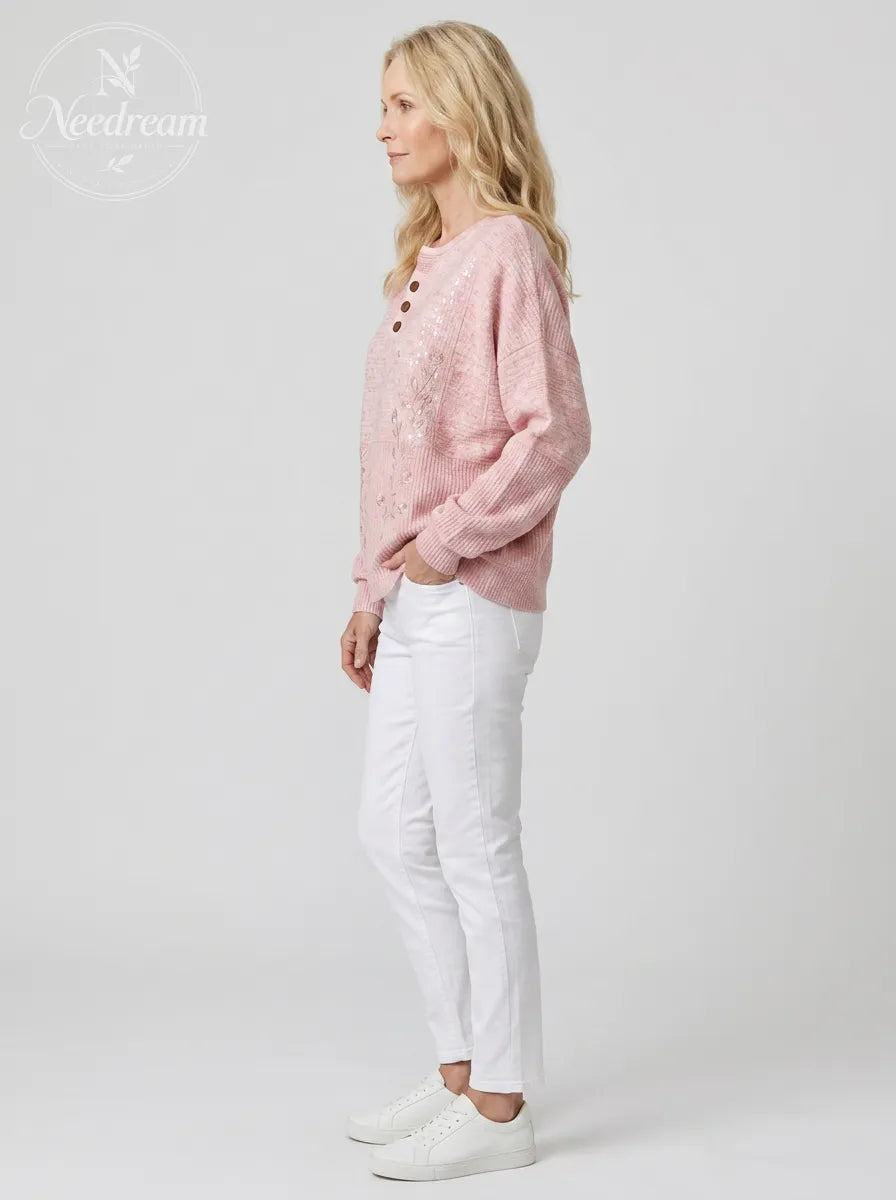 Women's Breast Cancer Awareness Pink Rose Embroidered Buttoned Sweatshirt