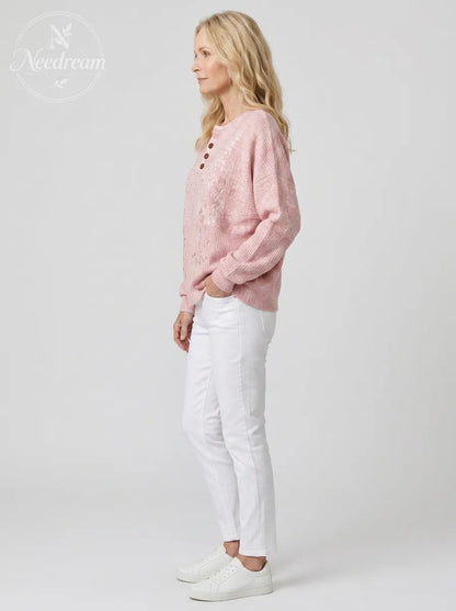 Women's Breast Cancer Awareness Pink Rose Embroidered Buttoned Sweatshirt