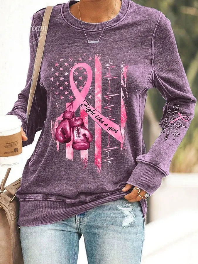 Women's Casual Breast Cancer Awareness Printed Long Sleeve Sweatshirt