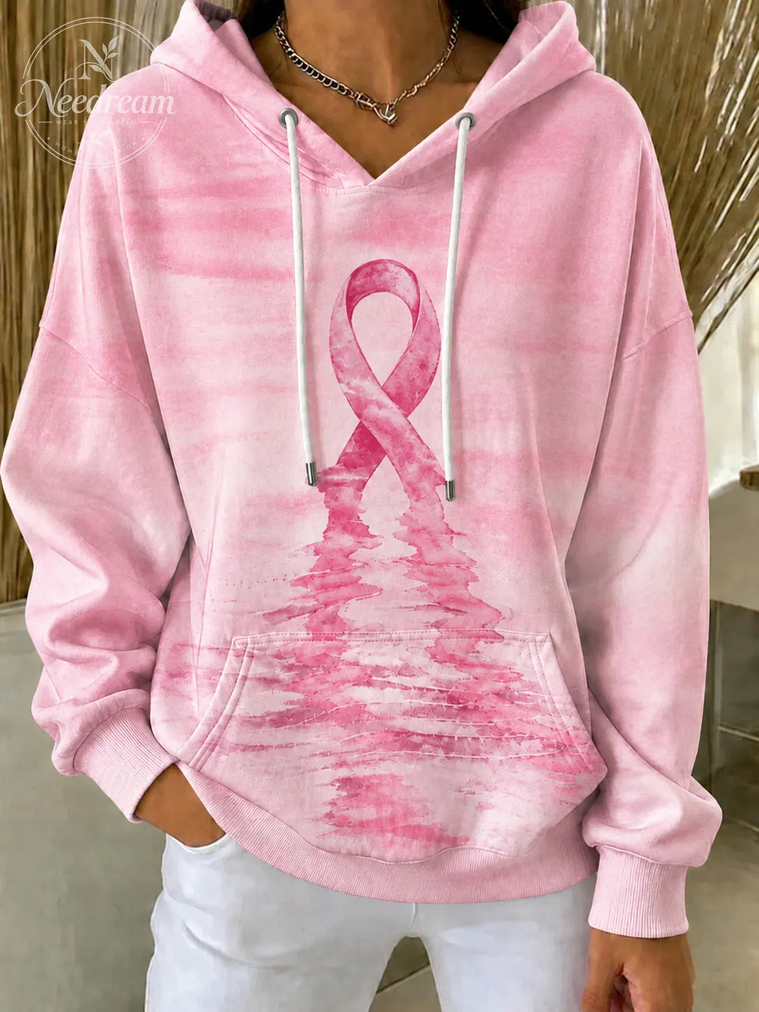 Women'S Breast Cancer Awareness Print Long Sleeve Hooded Sweatshirt