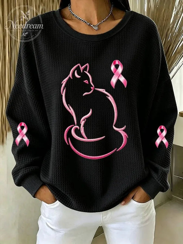 Women'S Breast Cancer Cat Print Sweatshirt