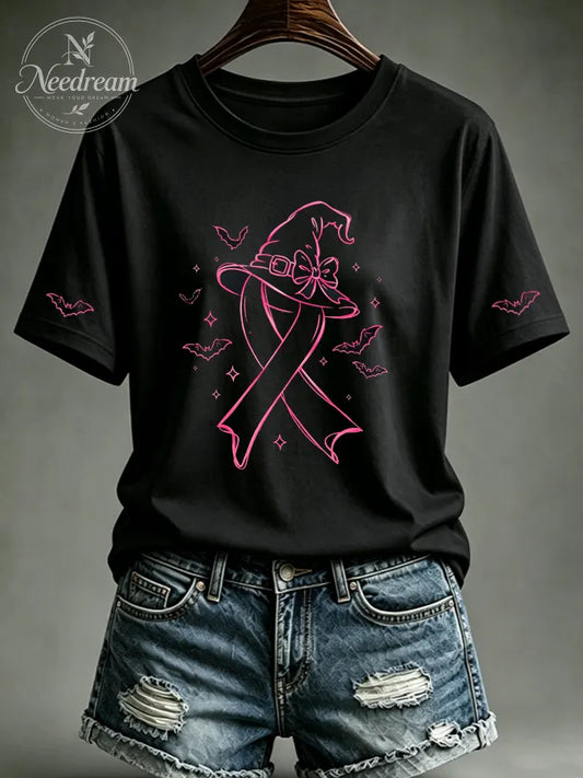 Women's Pink Witch Hat Printed Casual T-Shirt