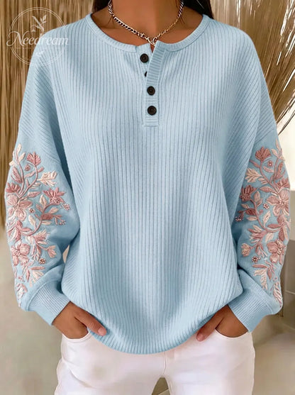 Women's Breast Cancer Awareness Floral Embroidered Printed Sweatshirt