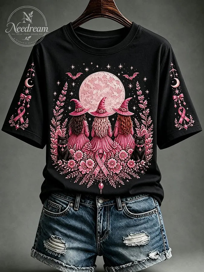 Women's Breast Cancer Awareness Black Cat Pink Ribbon Short-Sleeve T-Shirt