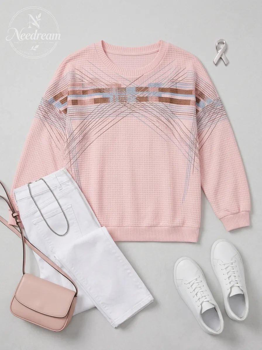 Women's Breast Cancer Awareness Pink Waffle Knit Printed Sweatshirt