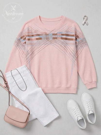 Women's Breast Cancer Awareness Pink Waffle Knit Printed Sweatshirt
