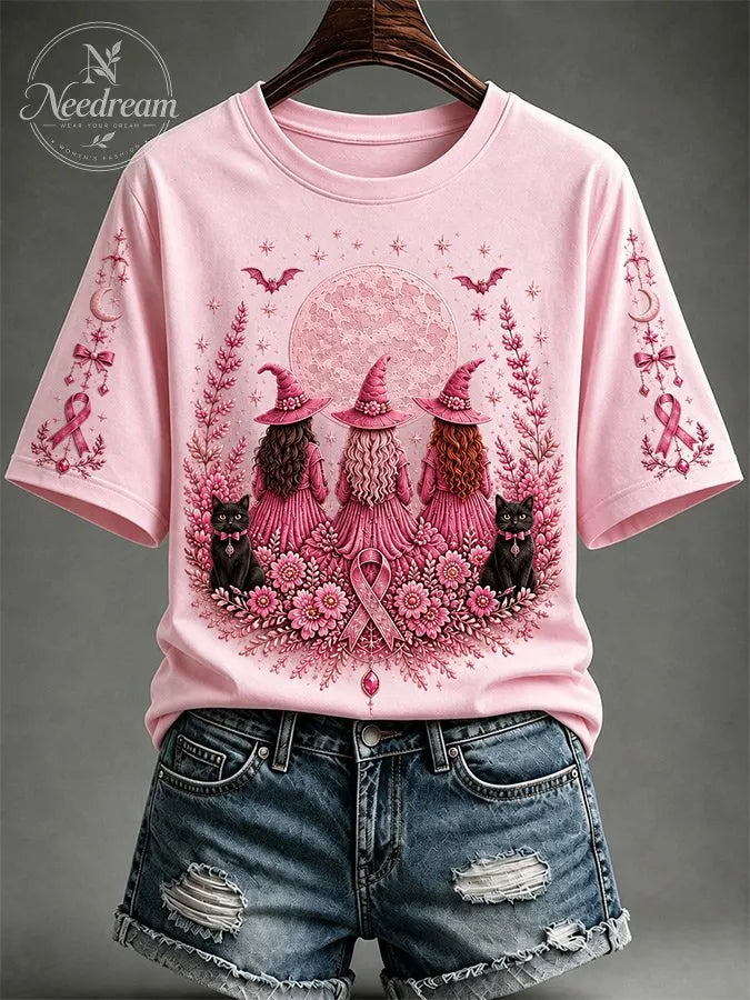 Women's Breast Cancer Awareness Black Cat Pink Ribbon Short-Sleeve T-Shirt