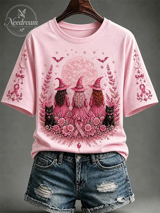 Women's Breast Cancer Awareness Black Cat Pink Ribbon Short-Sleeve T-Shirt
