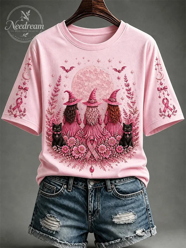 Women's Breast Cancer Awareness Black Cat Pink Ribbon Short-Sleeve T-Shirt