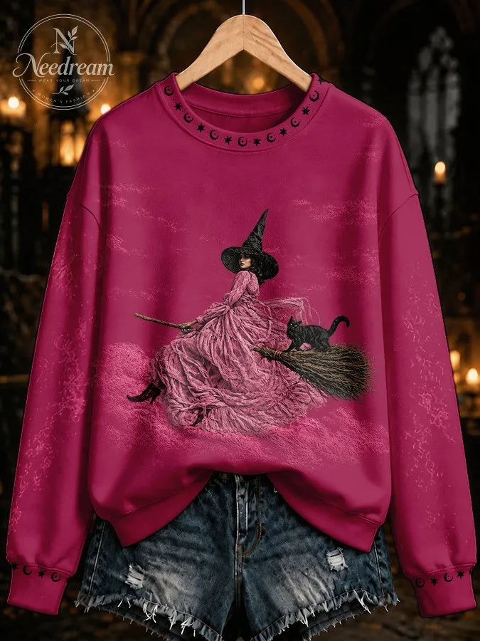 Women's Pink Witch-Themed Print Casual Sweatshirt