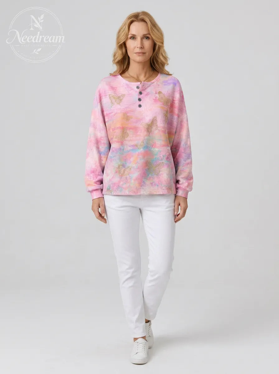 Women's Breast Cancer Awareness Gold Butterfly Printed Henley Sweatshirt