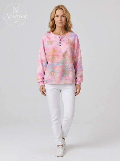 Women's Breast Cancer Awareness Gold Butterfly Printed Henley Sweatshirt