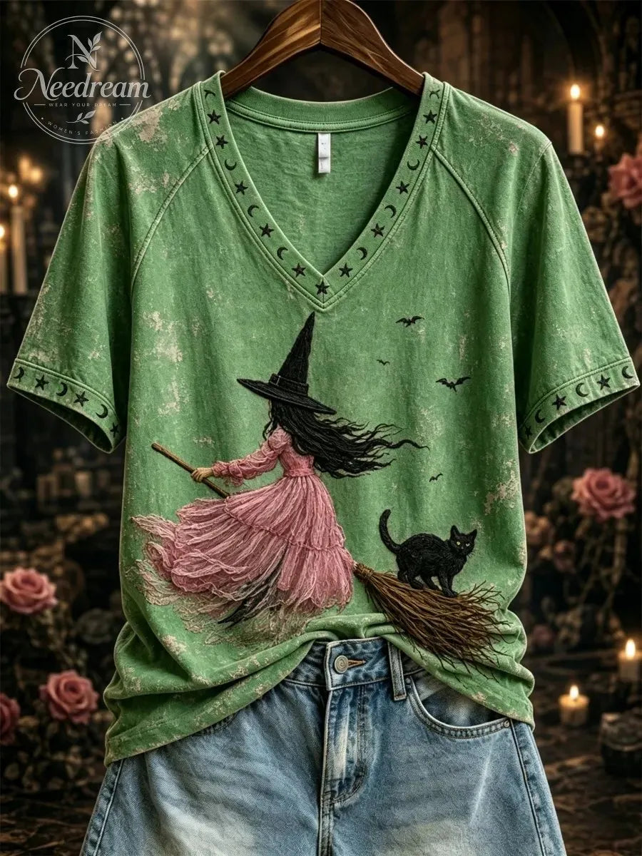 Women's Pink Witch-Themed Print Casual T-Shirt