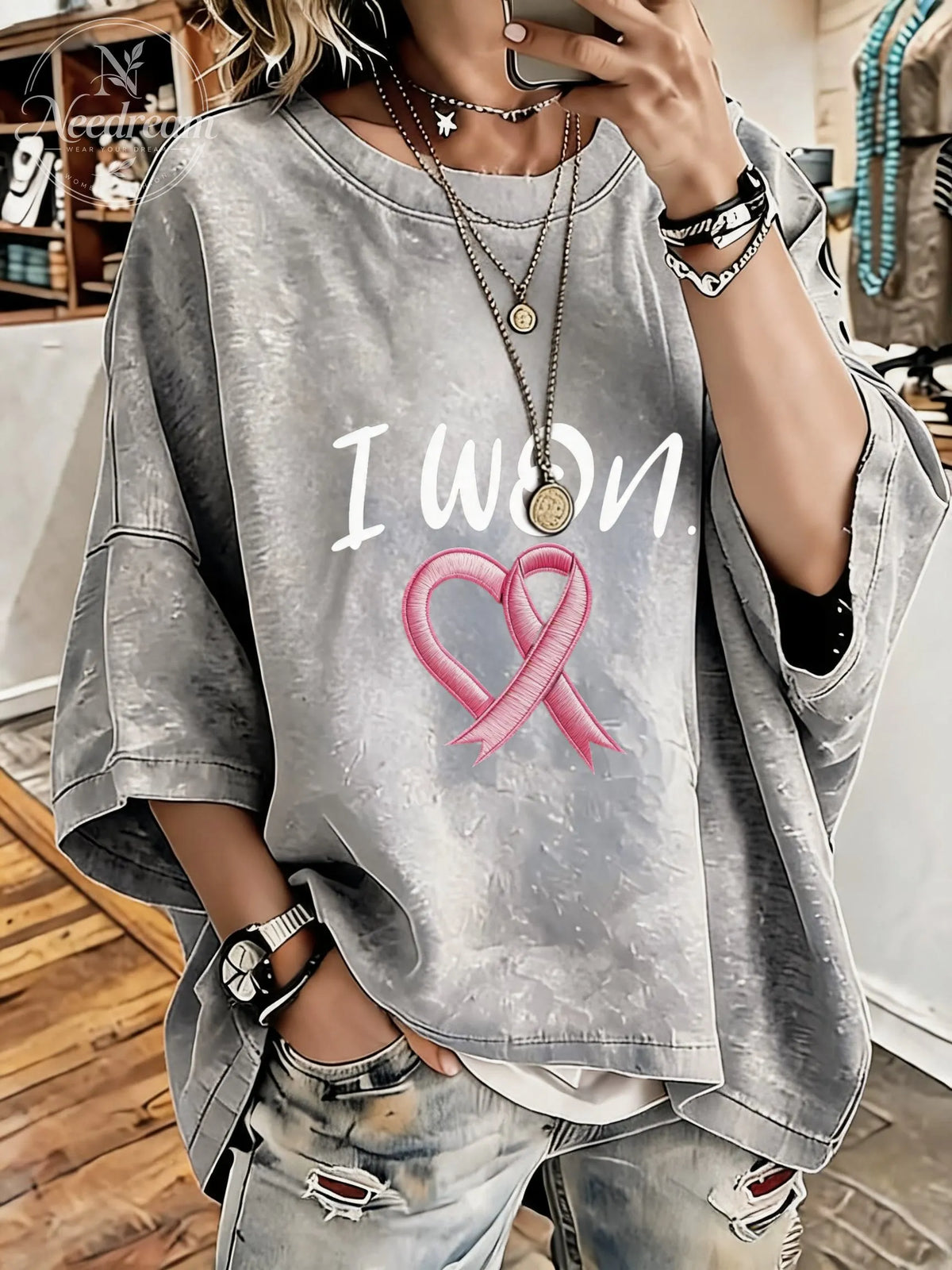 Women's Breast Cancer Awareness Ribbon Distressed Washed Oversized T-Shirt
