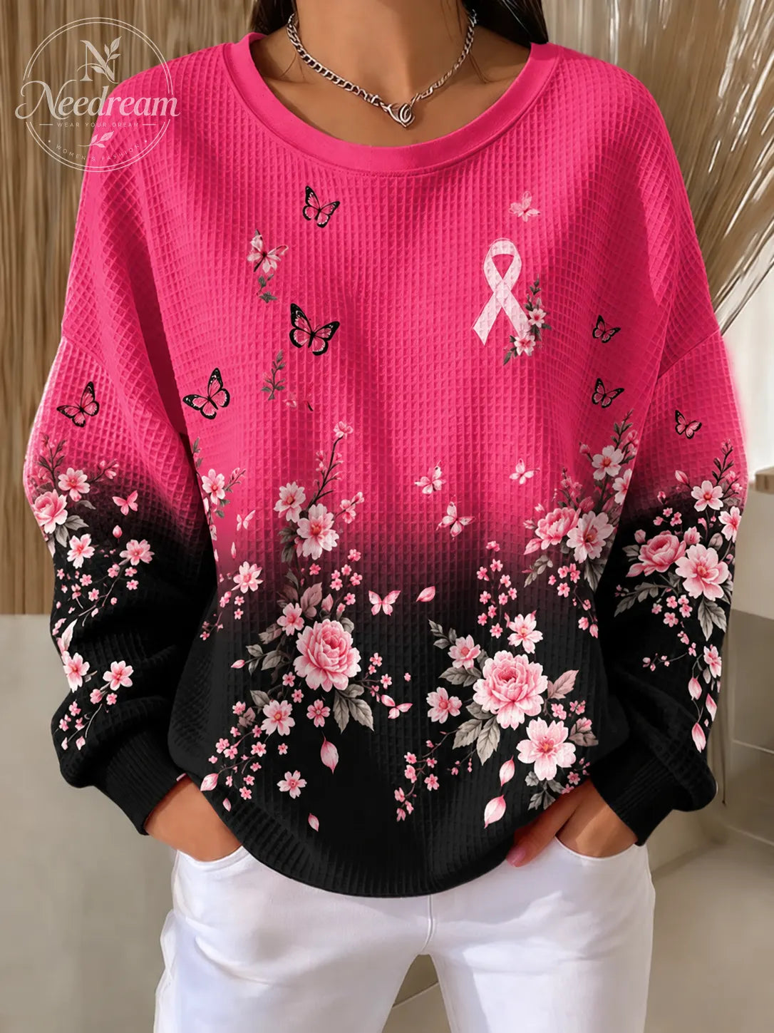 Women'S Pink Plant Flower Art Waffle Sweatshirt