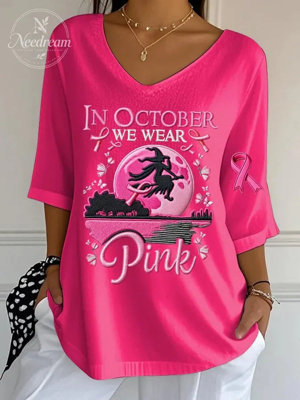 Women's Casual October We Wear Pink Witch Bubble Wrinkle Top
