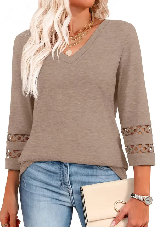 2025 New Womens 3/4 Length Sleeve Tops Trendy V Neck T Shirts