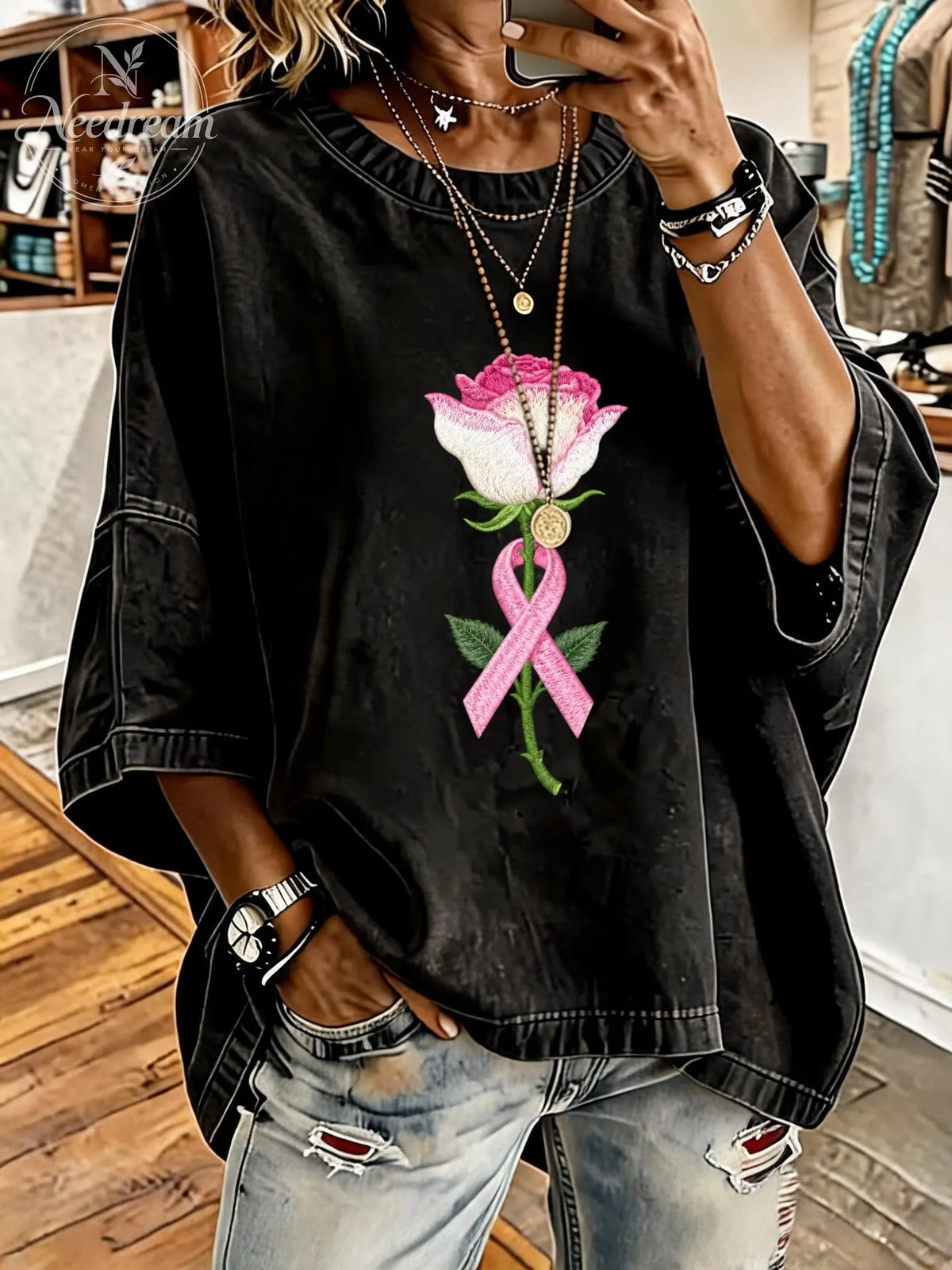 Women's Breast Cancer Awareness Flowers Distressed Washed Oversized T-Shirt