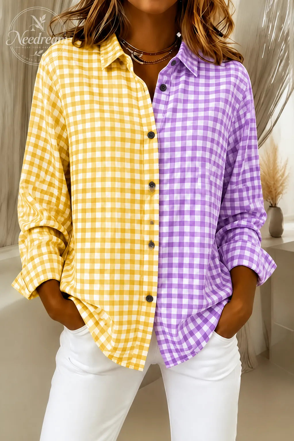 Women'S Casual Retro Pink And Green Color-Block Plaid Shirt