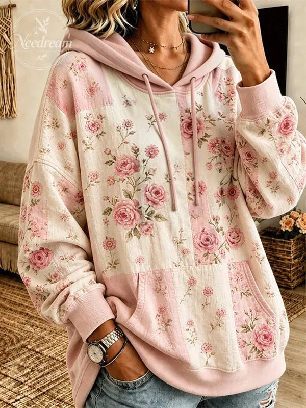 Women's Vintage Rose Floral Patchwork Drawstring Pocket Hoodie