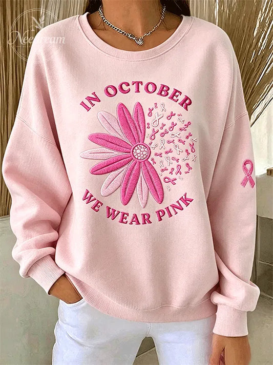 Women's In October We Wear Pink Breast Cancer Awareness Crewneck Sweatshirt