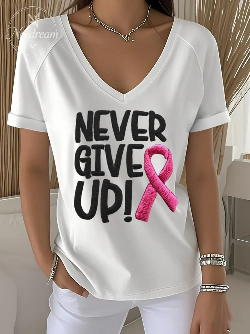 Women's Retro Never Give Up Breast Cancer Awareness Printed Raglan V-Neck T-Shirt