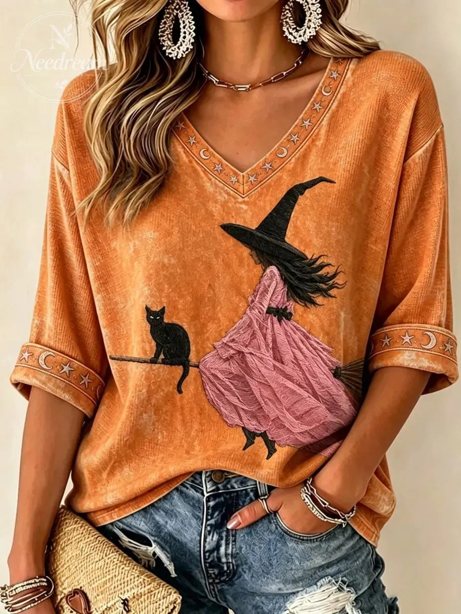 Women'S Pink Witch-Themed Print Waffle V-Neck Top