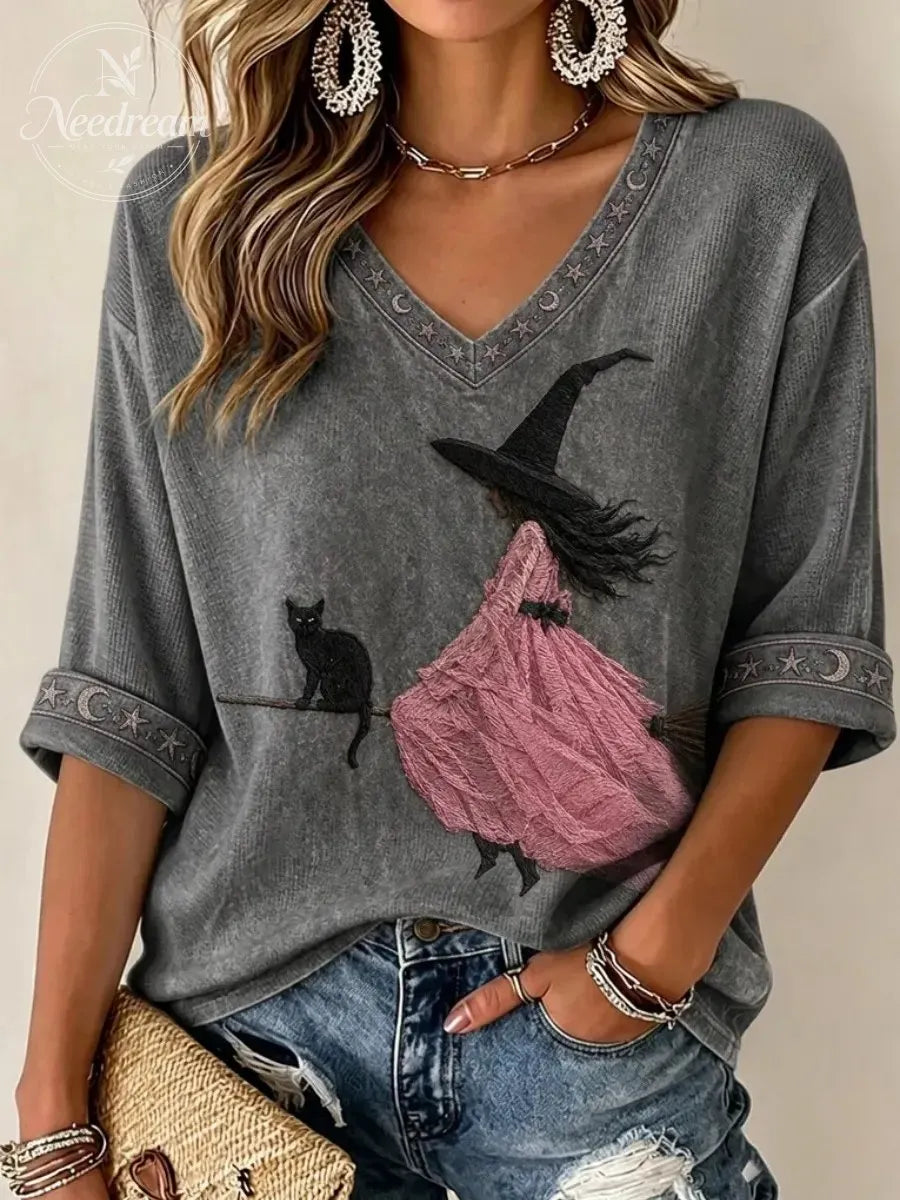 Women'S Pink Witch-Themed Print Waffle V-Neck Top