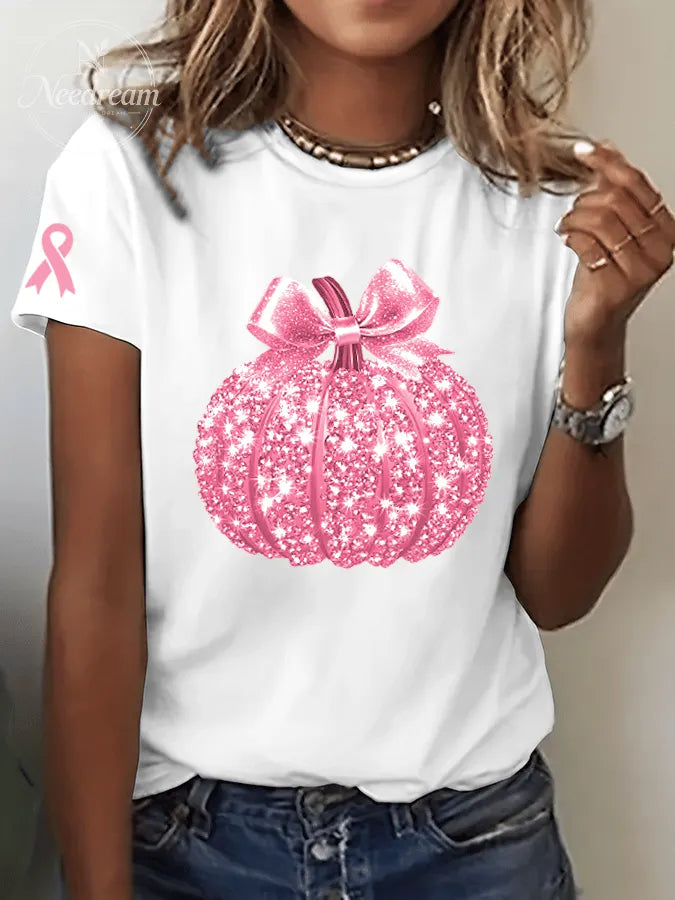 Women's Breast Cancer Sequined Pumpkin Print Crew Neck T-Shirt