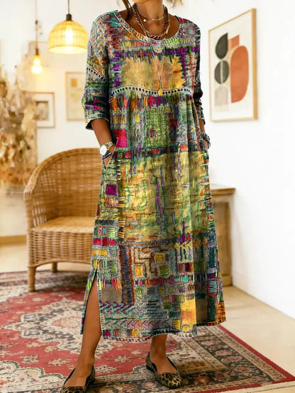 Women's Ethnic Patchwork Print Dress | Colorful Casual Boho-Inspired Maxi Dress
